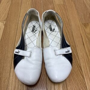 Puma Woman's White & Navy Sporty Slip-on Vegan Leather Ballet Flats - Size 8.5
